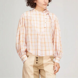 Ulla Johnson Clarke Blouse Plaid Cotton Voile Tie Neck Boho Top Size 0 SS22